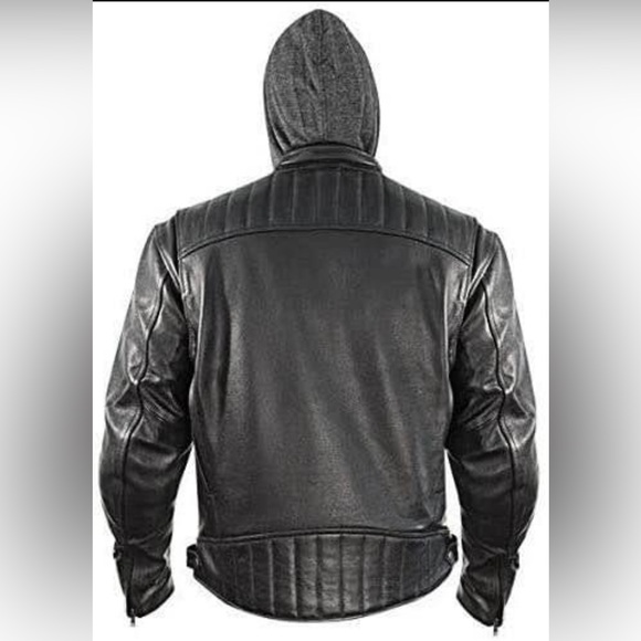Men’s black leather jacket with removable hoodie and level 3 armors 2XL - Picture 4 of 5